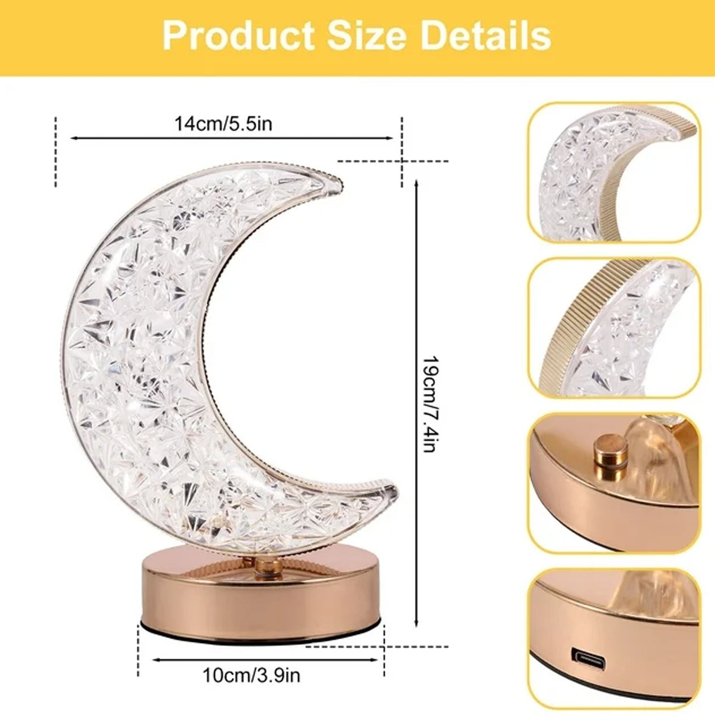 Crystal Table Lamp | Moon Shape Touch Control Lamp with 3 Color Nightstand Lamp