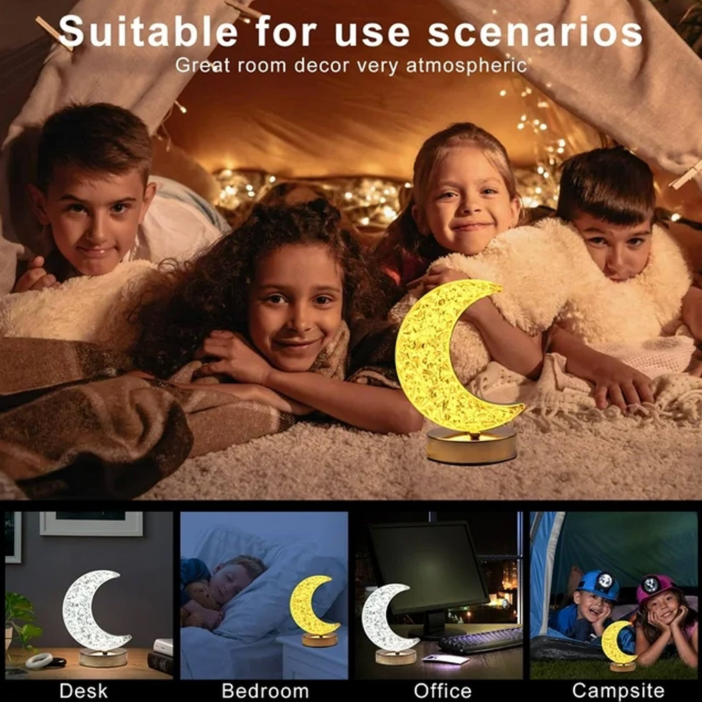 Crystal Table Lamp | Moon Shape Touch Control Lamp with 3 Color Nightstand Lamp