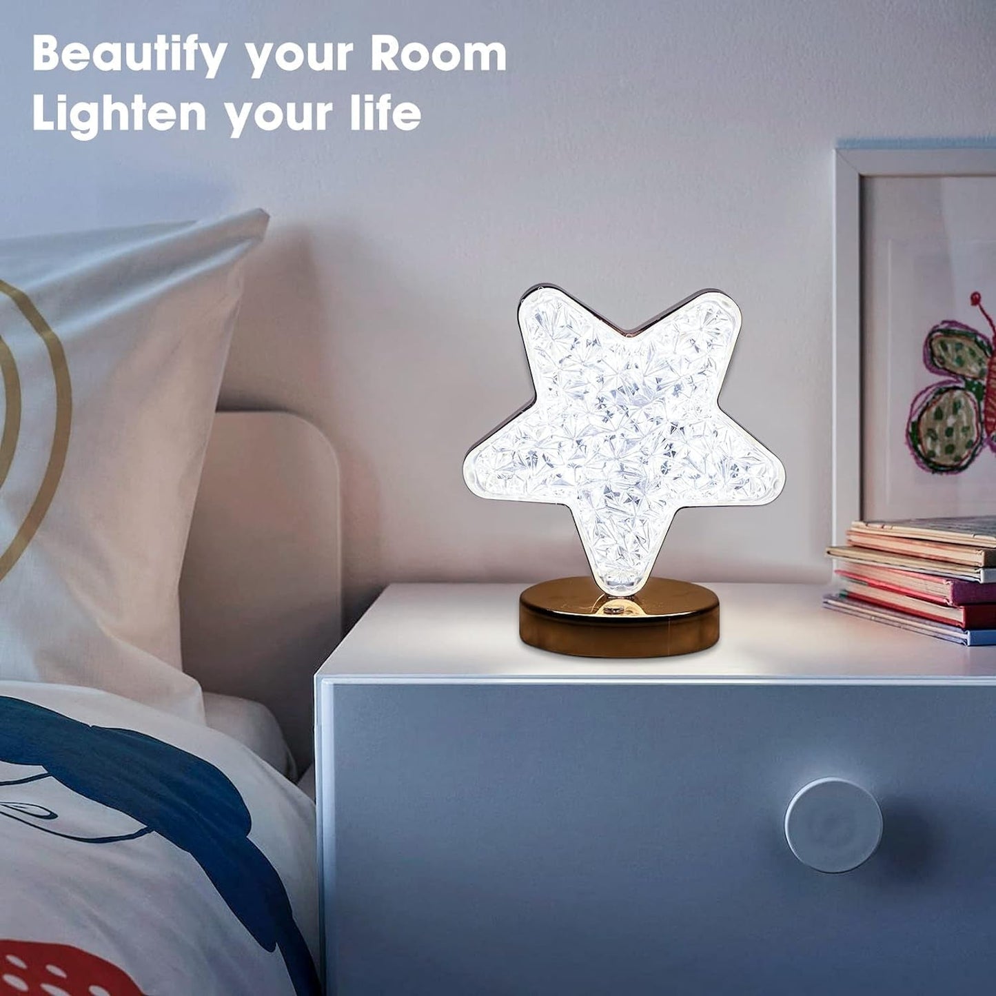 Star Shape Crystal Diamond Lamp with USB Rechargeable, 3-Way Dimmable & Touch Control Decorative Nightstand Lamp