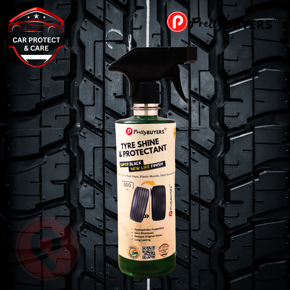 PrettyBUYERS Tyre Shine and Protectant Spray 500 ML for Car & Bike | Long Lasting Tyre Polish | Non-Greasy No Sling Formulation No Dust Attraction (Pack Of 2)
