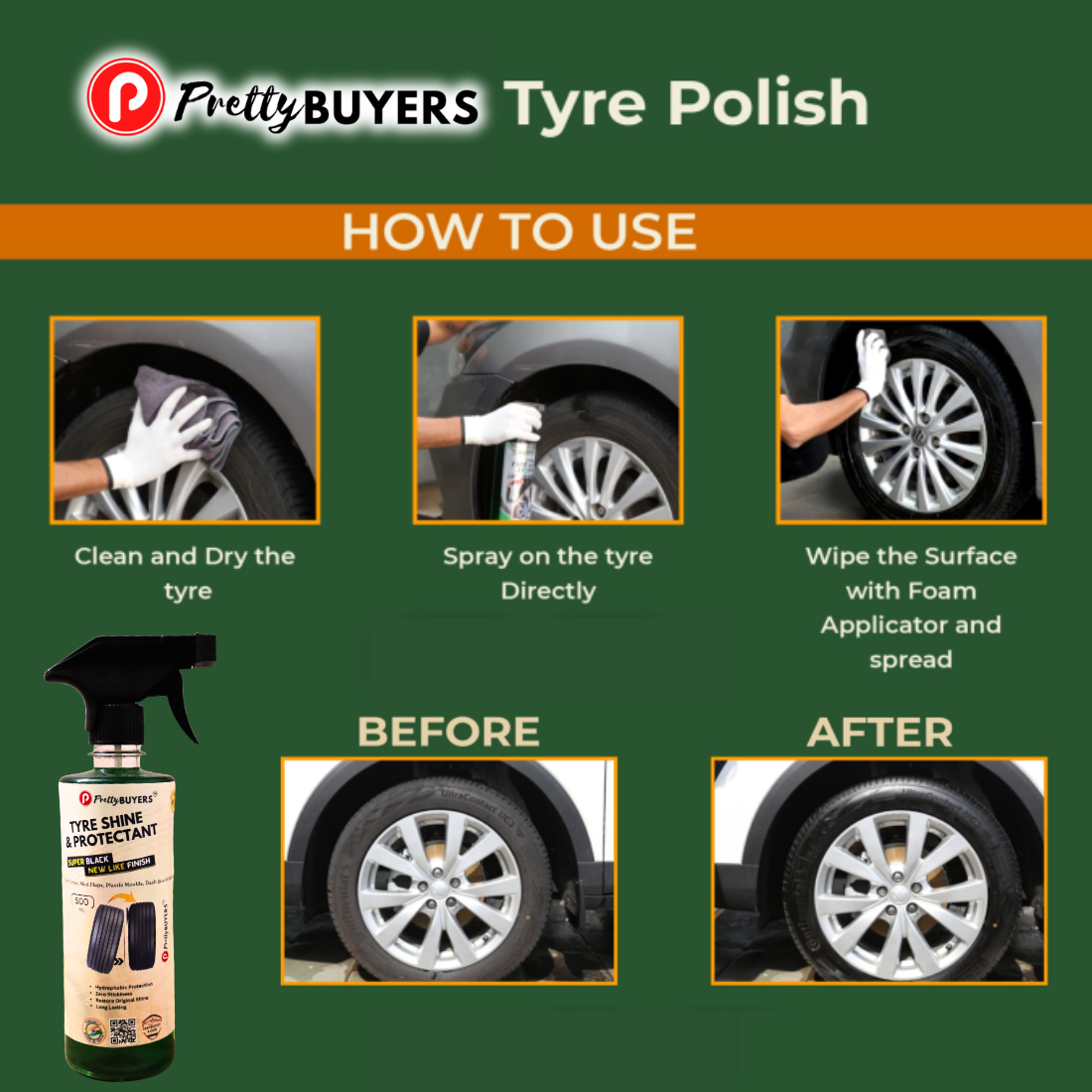 PrettyBUYERS Tyre Shine and Protectant Spray 500 ML for Car & Bike | Long Lasting Tyre Polish | Non-Greasy No Sling Formulation No Dust Attraction (Pack Of 2)