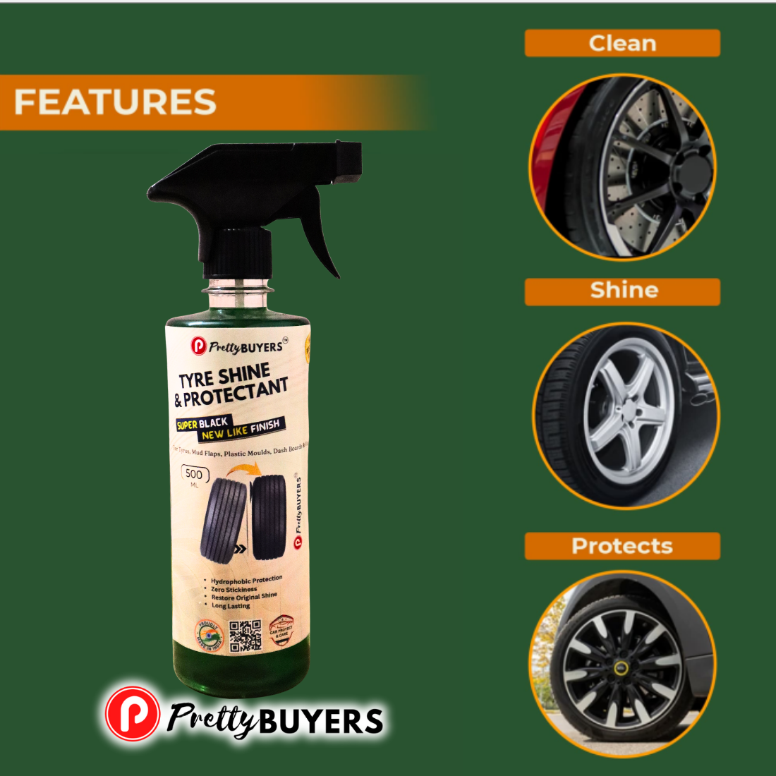 PrettyBUYERS Tyre Shine and Protectant Spray 500 ML for Car & Bike | Long Lasting Tyre Polish | Non-Greasy No Sling Formulation No Dust Attraction (Pack Of 2)