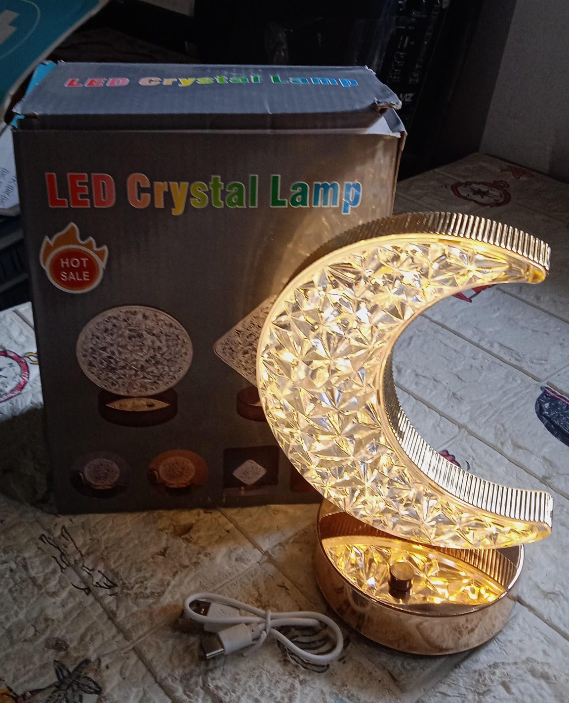 Moon Shape Crystal Table Lamp with Touch Control 3 Color Room Lamp Dimming USB Charging Touch Night Light