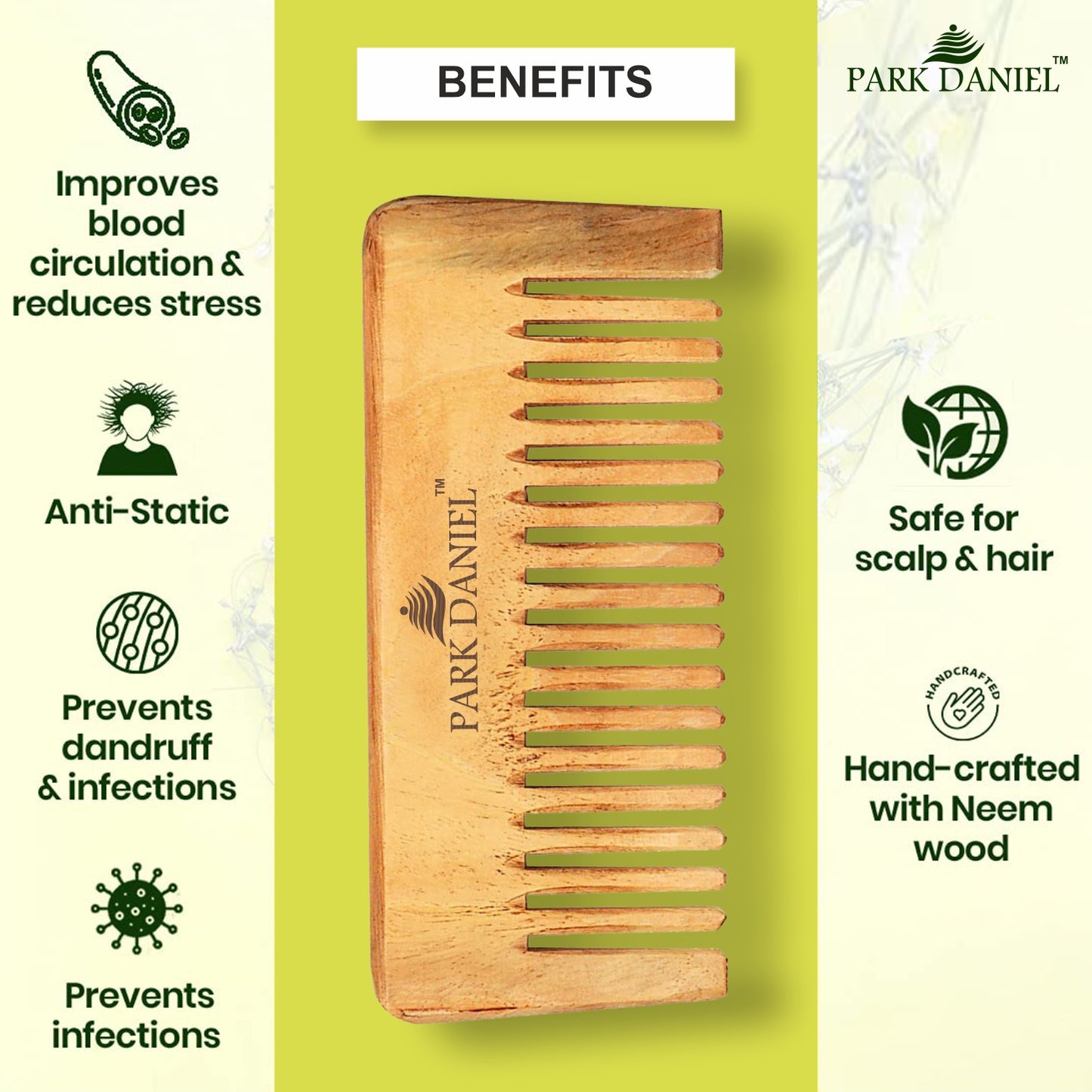Park Daniel Natural & Ecofriendly Handmade Medium Detangler Neem Wooden Comb(5.5 inches) & Handcrafted Wooden Beard Comb(4 inches) Pack of 2 pcs.
