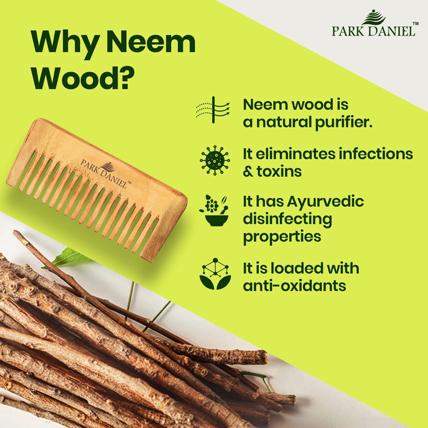 Park Daniel Natural & Ecofriendly Handmade Medium Detangler Neem Wooden Comb(5.5 inches) & Handcrafted Wooden Beard Comb(4 inches) Pack of 2 pcs.