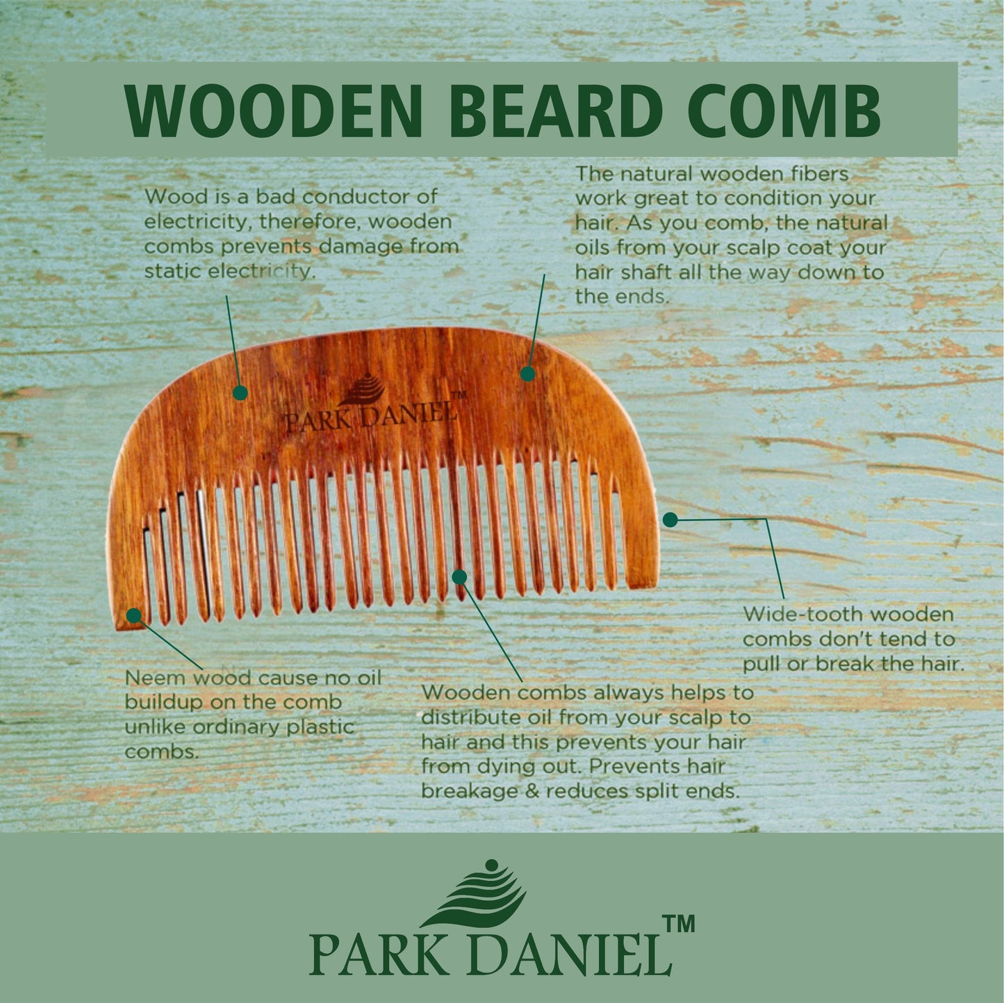 Park Daniel Natural & Ecofriendly Handmade Medium Detangler Neem Wooden Comb(5.5 inches) & Handcrafted Wooden Beard Comb(4 inches) Pack of 2 pcs.