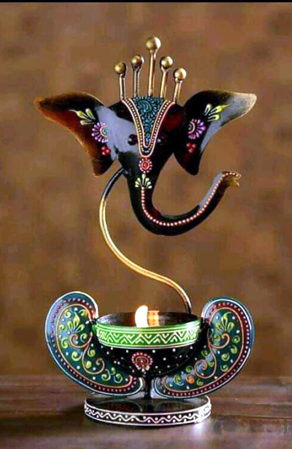 Antique Handicraft Metal Hand Painted Iron Idol Lord Ganesha Deepak Stand T Light Tea Candle Holder