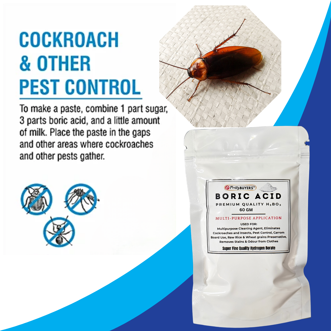 Boric Acid Powder for Cockroahes Repellent|Carrom Board Powder|Rice Preservative | All Purpose Cleaner | 60GM (Pack Of 2)