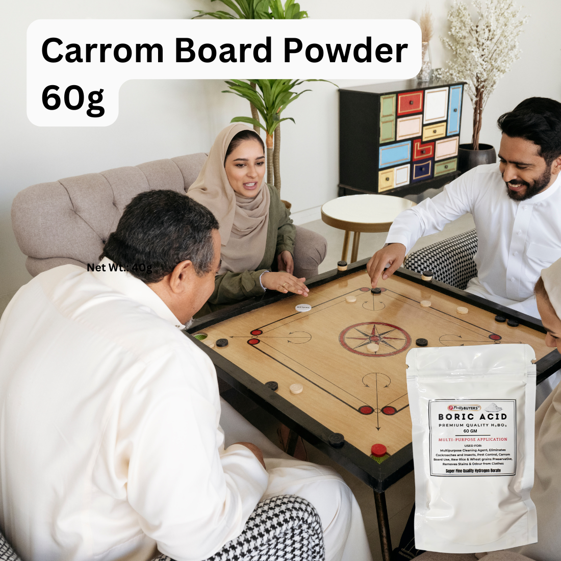 Boric Acid Powder for Cockroahes Repellent|Carrom Board Powder|Rice Preservative | All Purpose Cleaner | 60GM (Pack Of 2)