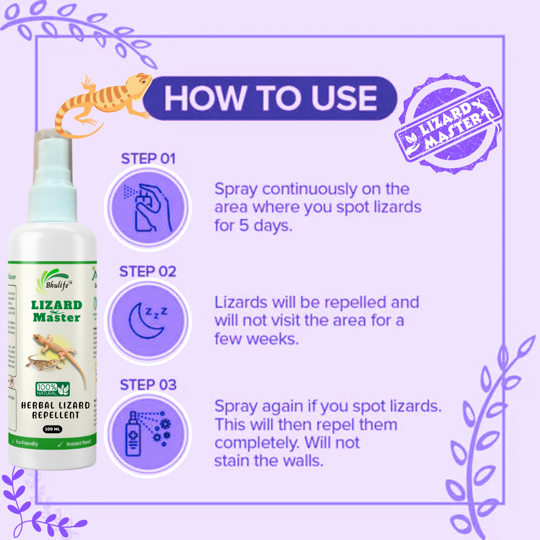 Lizard Repellant Spray | Ready and Easy to Use Formulation | 100% Natural | Non Toxic 100MLx5