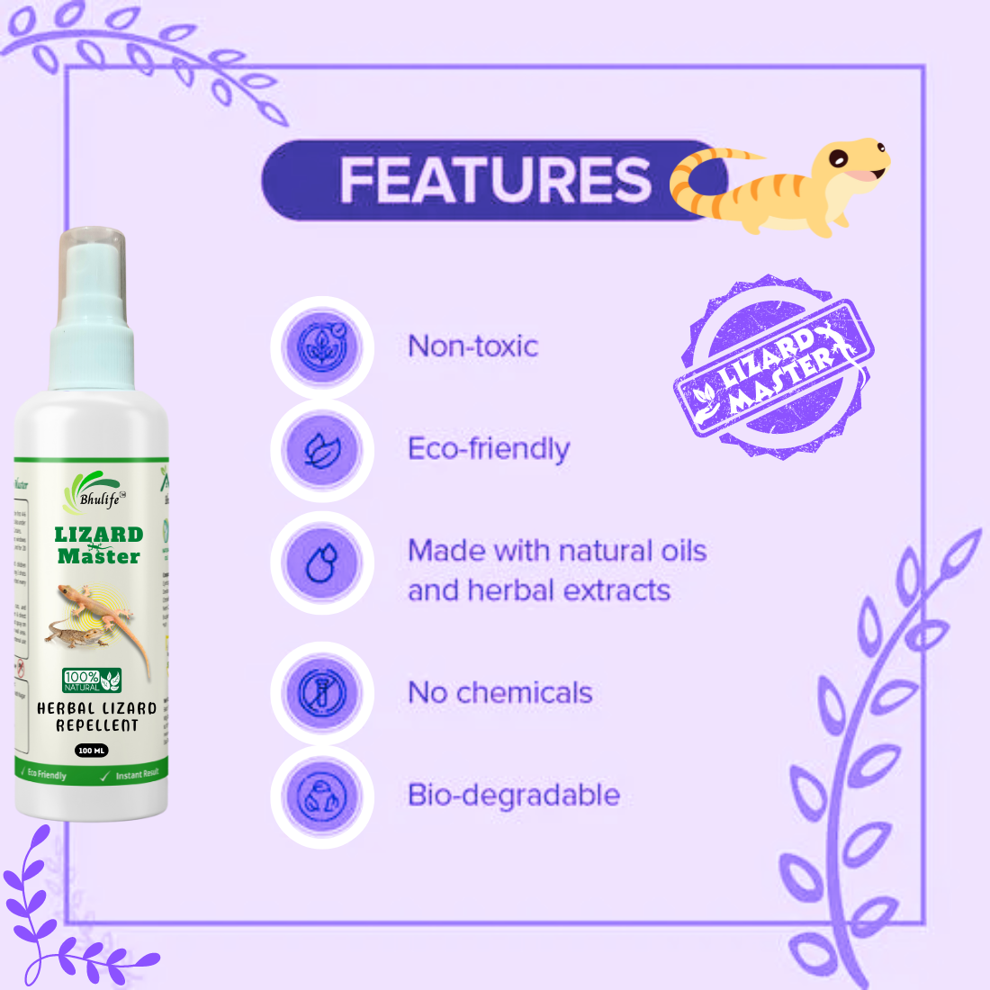 Lizard Repellant Spray | Ready and Easy to Use Formulation | 100% Natural | Non Toxic 100MLx5