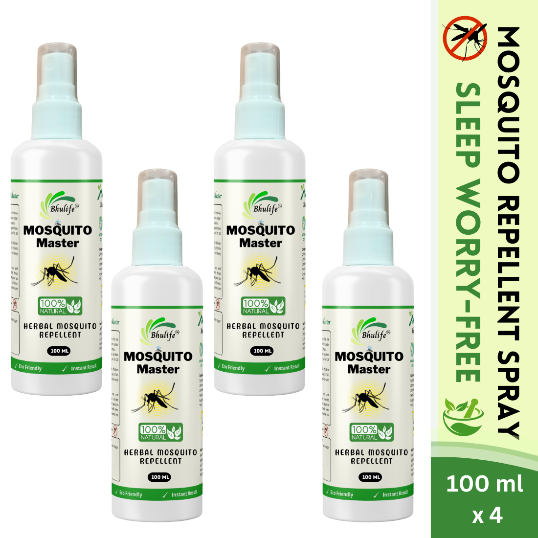Bhulife Herbal Mosquito Killer Spray | 100% Natural & Non-toxic | Safe For Children | 100MLx4