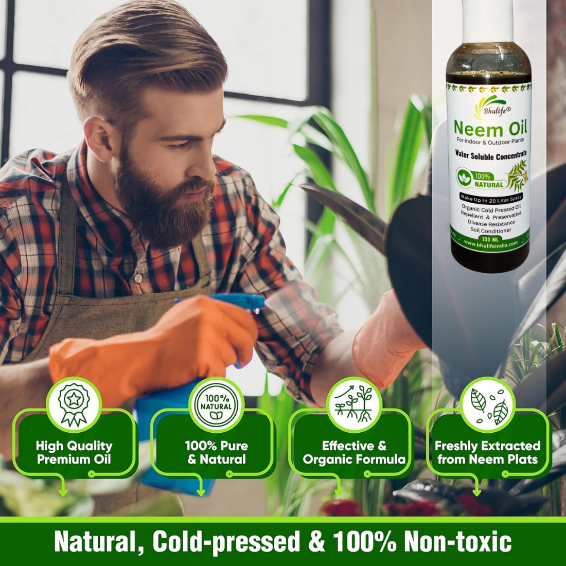 Bhulife Organic Neem Oil for Plants 100MLx2 | Make 20 Liter Neem Spray