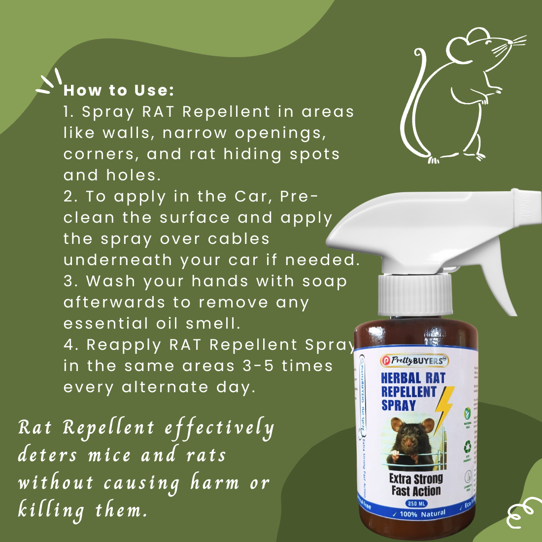 PrettyBUYERS Herbal Rat Killer Spray | Best Rat Repellent Spray For Home & Godowns | 250 ML