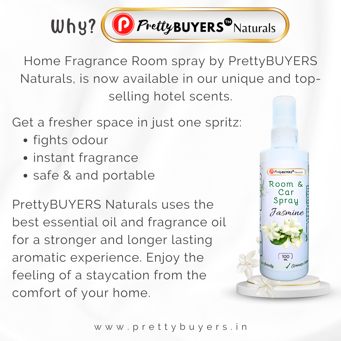PrettyBUYERS Jasmine Room & Car Spray Air Freshener | Odor Eliminator Spray 100MLx5