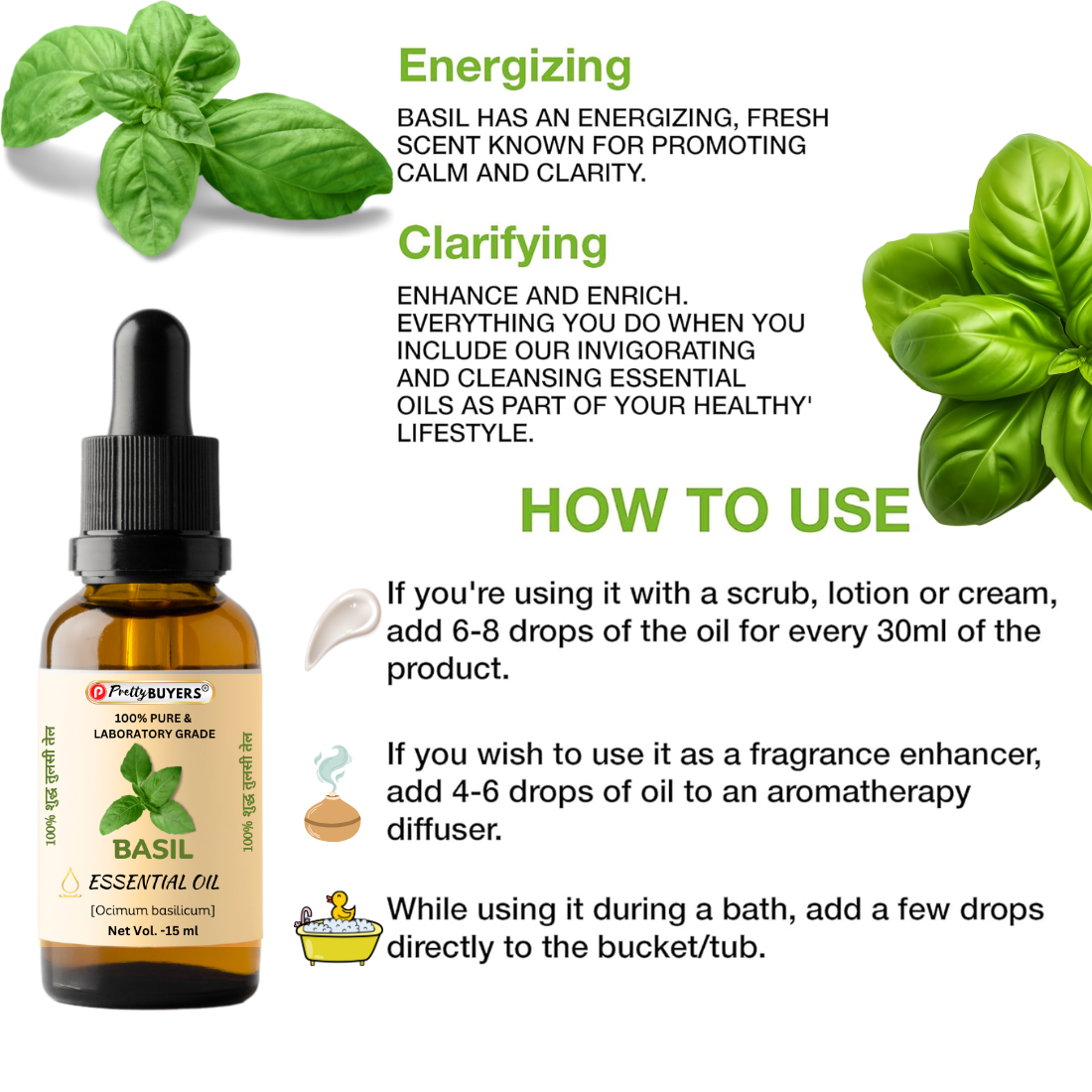 PrettyBUYERS Herbal Pure Basil Essential Oil - Premium Quality Aromatherapy Oil | 100% Organic 15ML(Pack Of 2)
