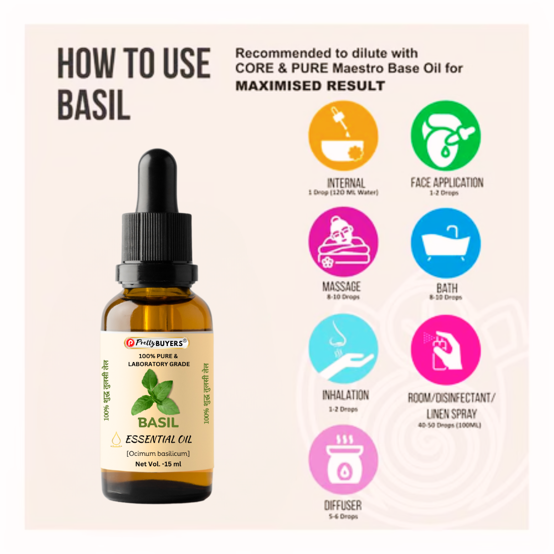 PrettyBUYERS Herbal Pure Basil Essential Oil - Premium Quality Aromatherapy Oil | 100% Organic 15ML(Pack Of 2)