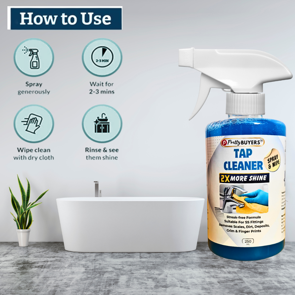 Prettybuyers Tap cleaner for bathroom | Hard water stain remover and Shower head cleaner | Taps cleaning liquid spray 250 ml