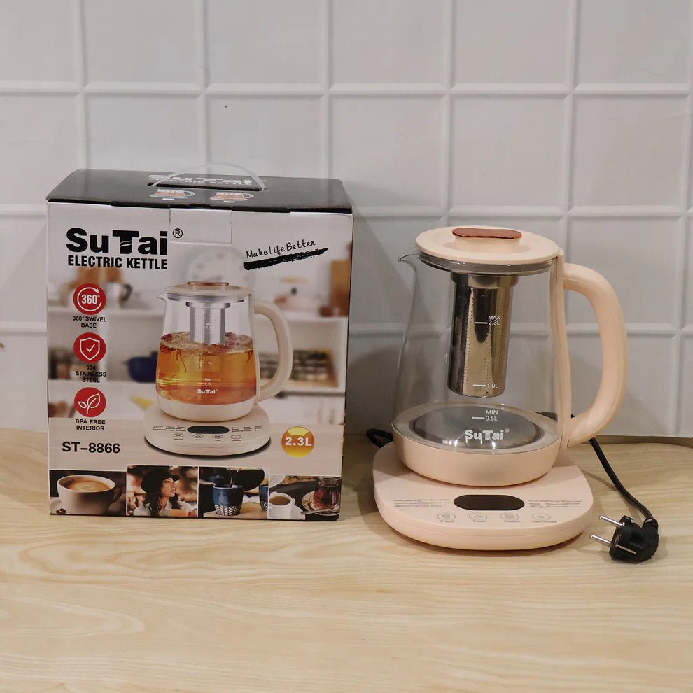 Pretty Buyers Suta Electric Glass Kettle 2.3L Tea Maker with Infuser and Temperature Control (1 Pc)