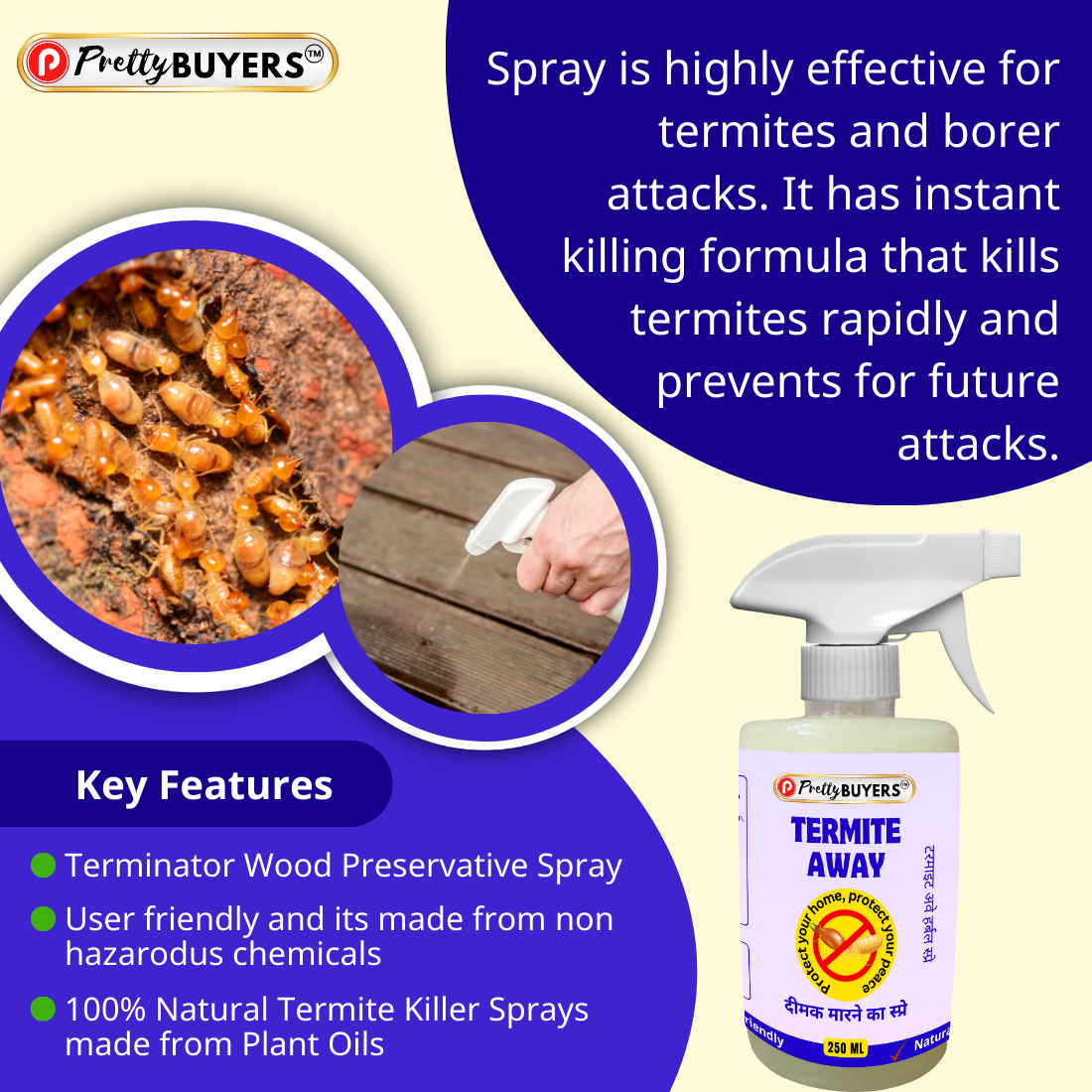 PrettyBUYERS Naturals Termite Killer Spray | 100% Organic Wood Protection | 250MLx2