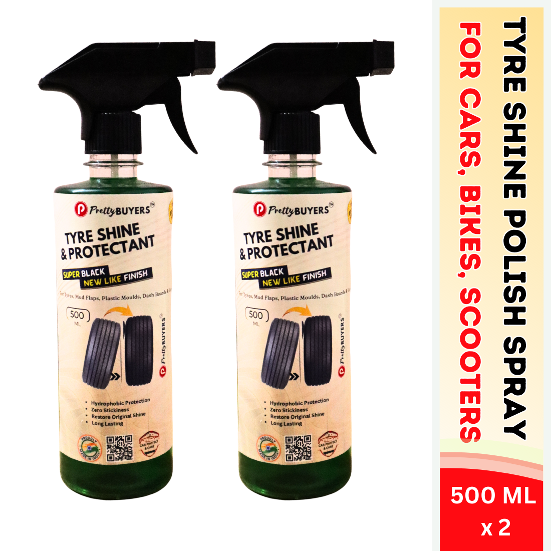 PrettyBUYERS Tyre Shine and Protectant Spray 500 ML for Car & Bike | Long Lasting Tyre Polish | Non-Greasy No Sling Formulation No Dust Attraction (Pack Of 2)