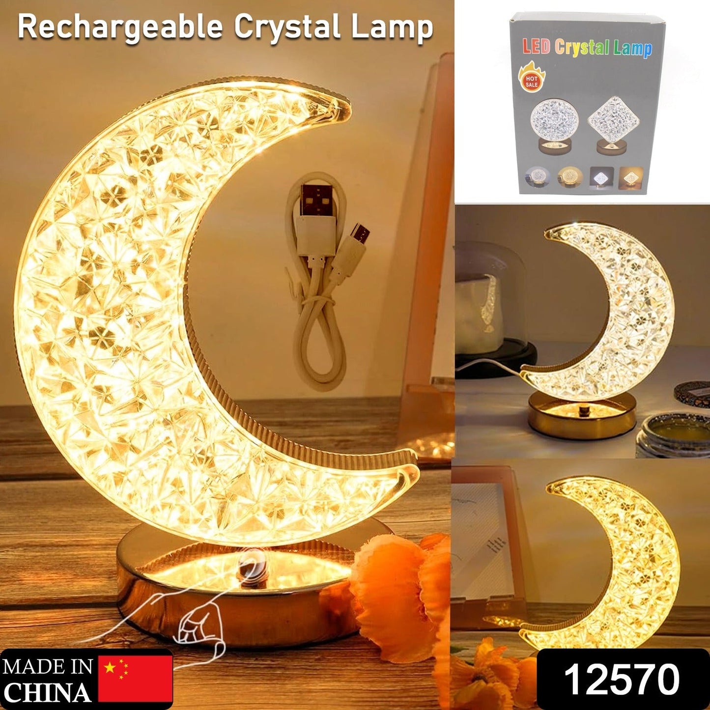 Moon Shape Crystal Table Lamp with Touch Control 3 Color Room Lamp Dimming USB Charging Touch Night Light