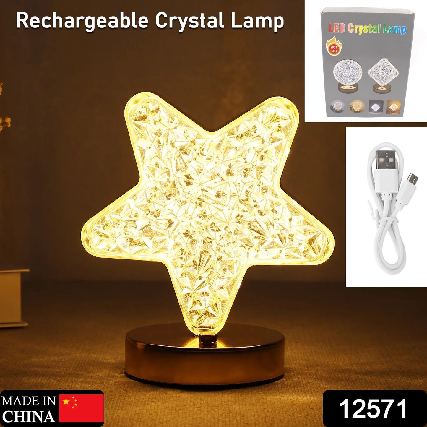 Star Shape Crystal Diamond Lamp with USB Rechargeable, 3-Way Dimmable & Touch Control Decorative Nightstand Lamp