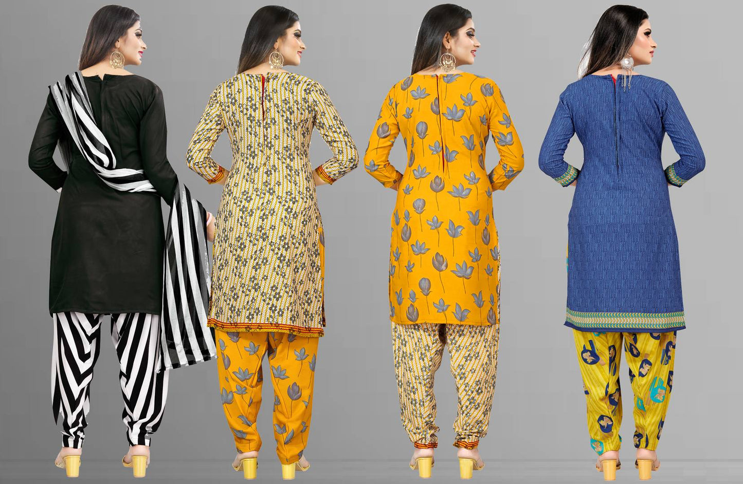 Women's Beautiful Multicoloured Printed Free Size Dress Material with Dupatta (Pack of 4)