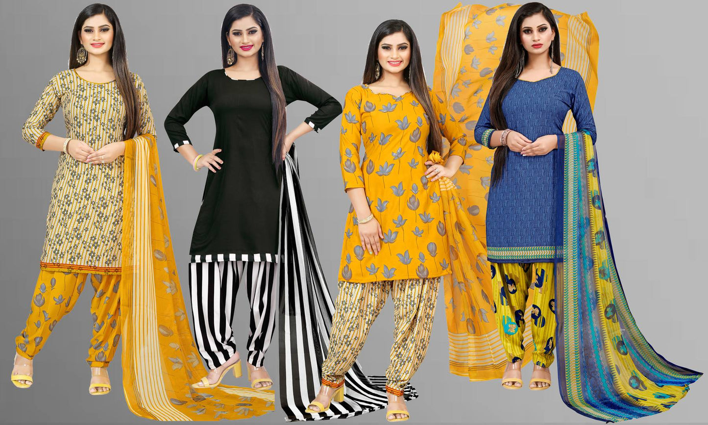Women's Beautiful Multicoloured Printed Free Size Dress Material with Dupatta (Pack of 4)