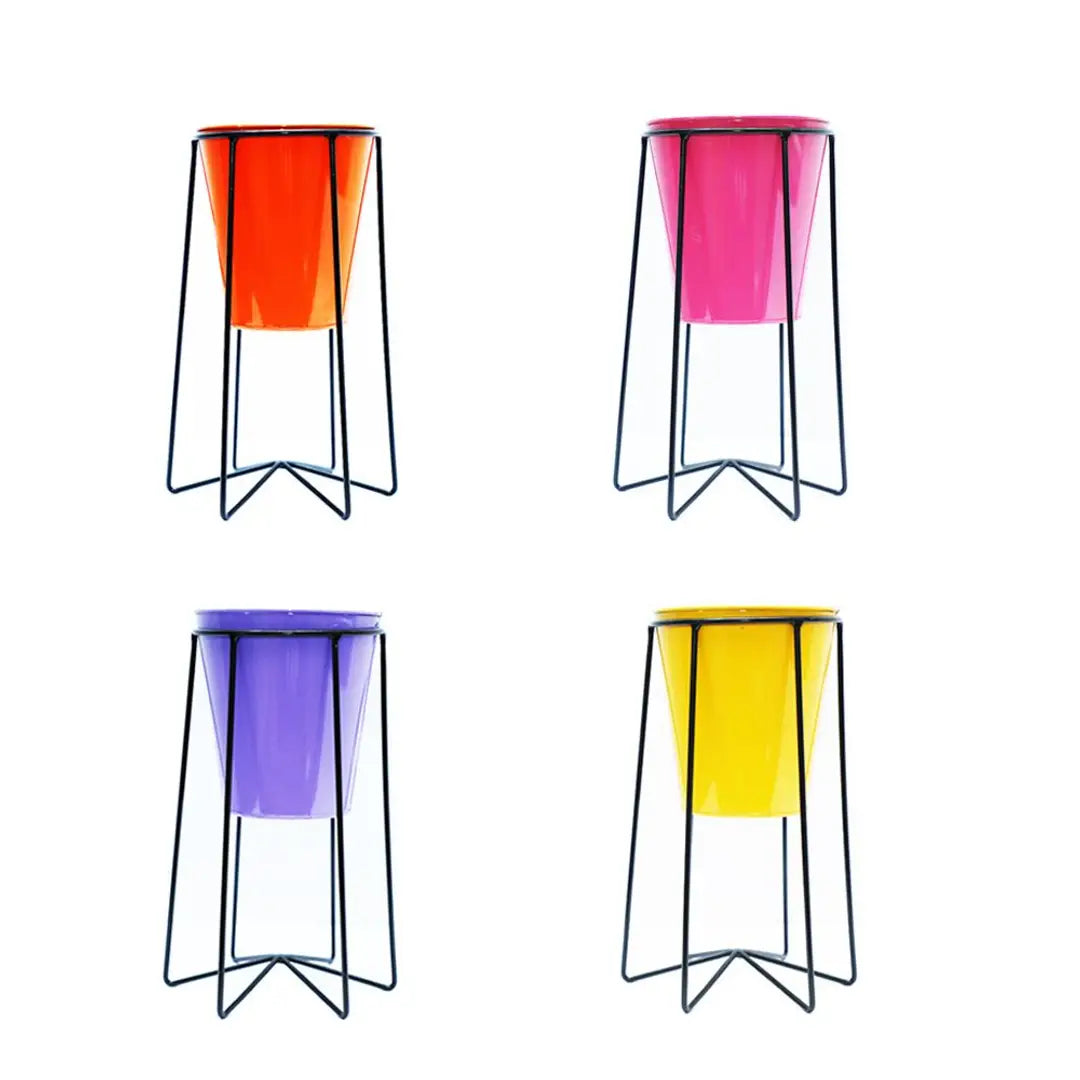 Metal Iron Flower Pot Stand With Metal Bucket Planter-Set Of 4