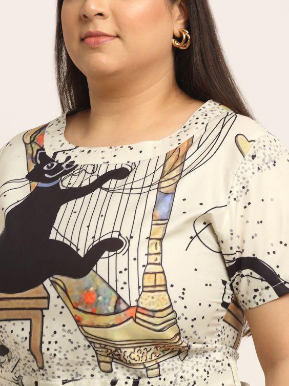 Women's Plus Size Crepe Printed Round Neck Short Dress