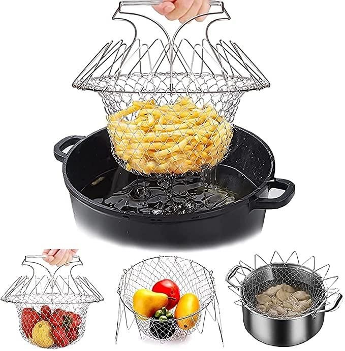 Frying Basket-Multi Function Chef Basket 12-in-1 Stainless Steel Foldable Kitchen Tool for Rinse, Cook, Deep Fry