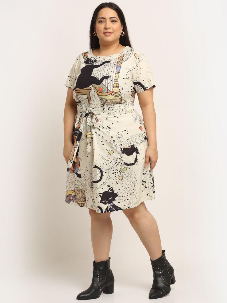Women's Plus Size Crepe Printed Round Neck Short Dress