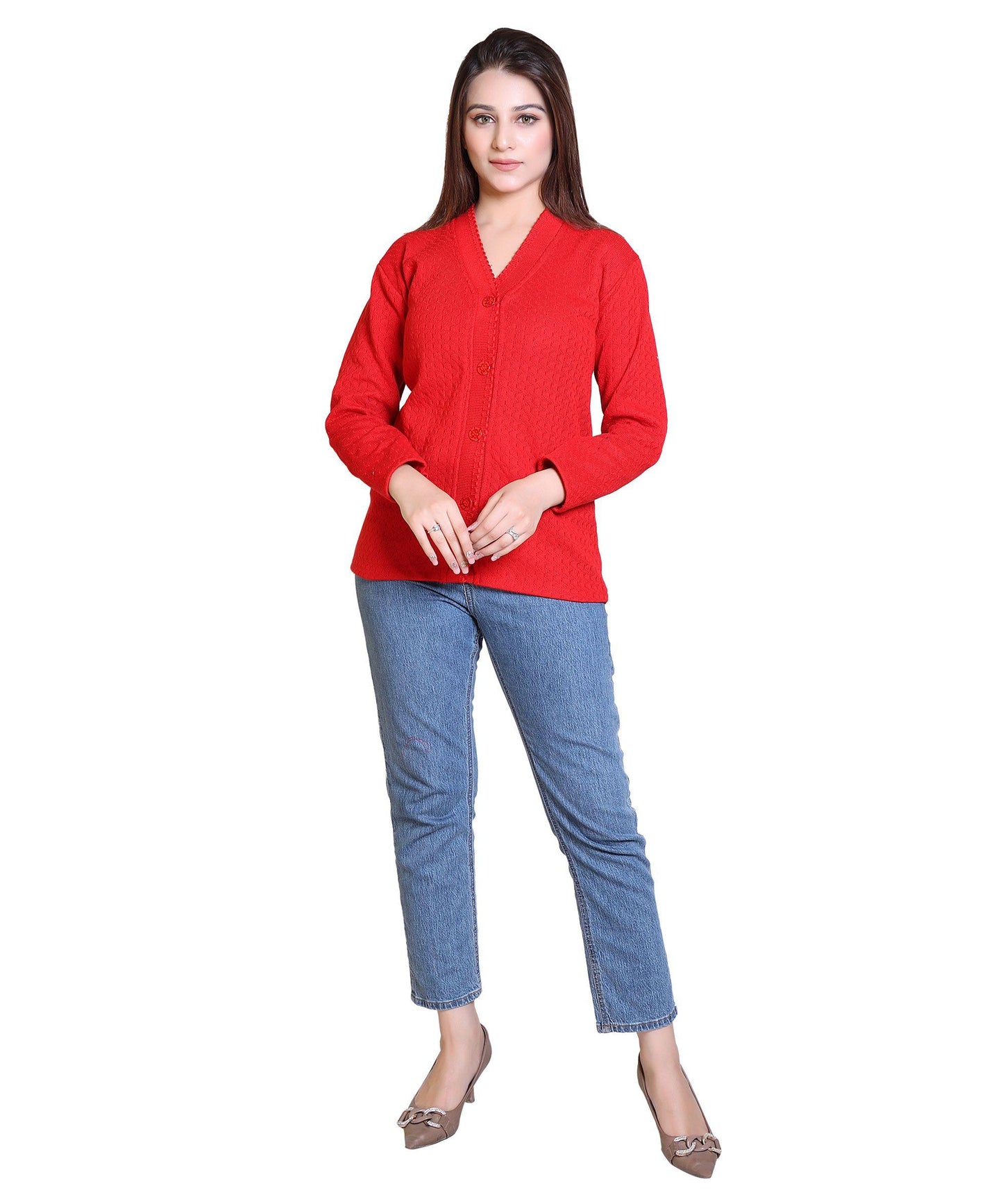 Women's Woolen Self Design/Woven V-Neck Cardigan