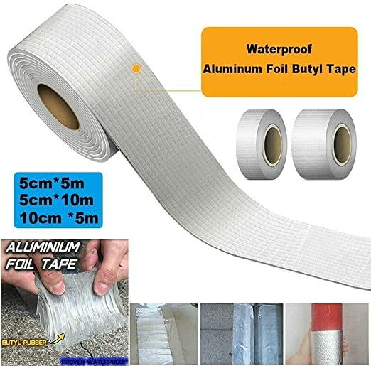 iPretty Waterproof Aluminum Foil Rubber Tape Flashing Leak Proof Patch For Outdoor Roof Flashing, Surface Crack, Pipe Repair Tape 5 Meter,Silver