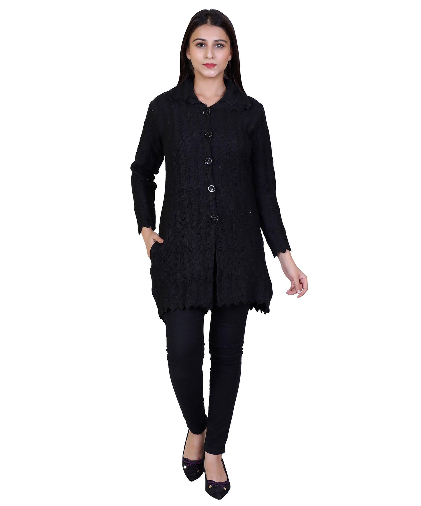 Women's Woolen Woven Front Open Buttoned Cardigan