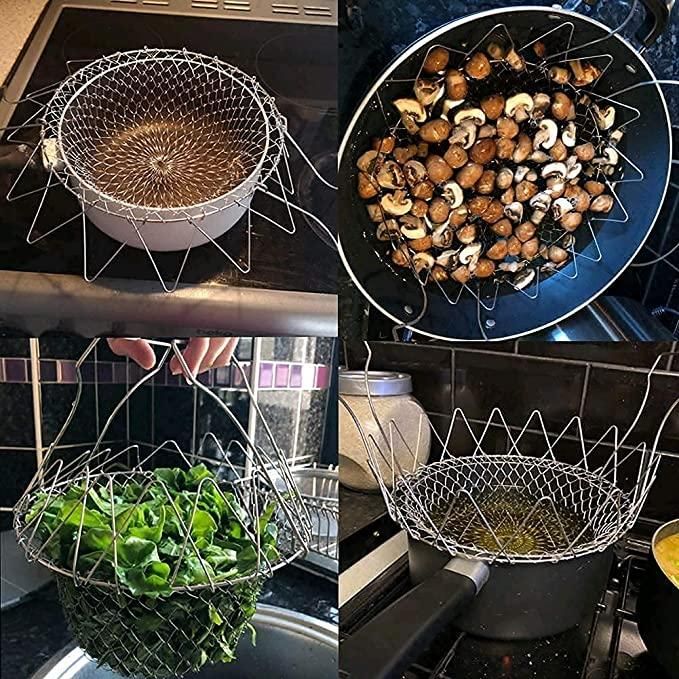 Frying Basket-Multi Function Chef Basket 12-in-1 Stainless Steel Foldable Kitchen Tool for Rinse, Cook, Deep Fry