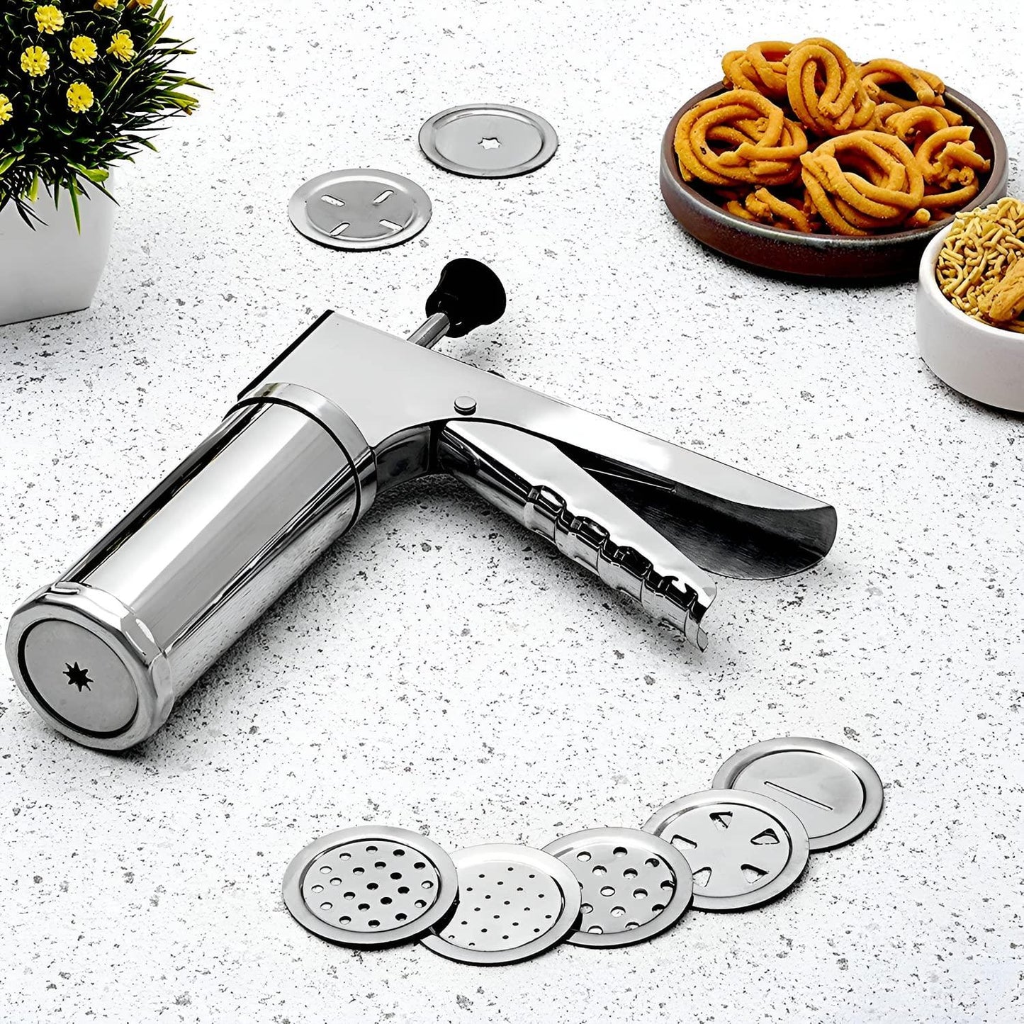 iPretty Stainless Steel Kitchen Press with 15 Different Types of Jalies, Murukku Maker/Bhujiya Maker/Cookies/Namkeen/Noodles/Chakali Maker/Sev Maker/Farsan Maker/Gathiya Maker