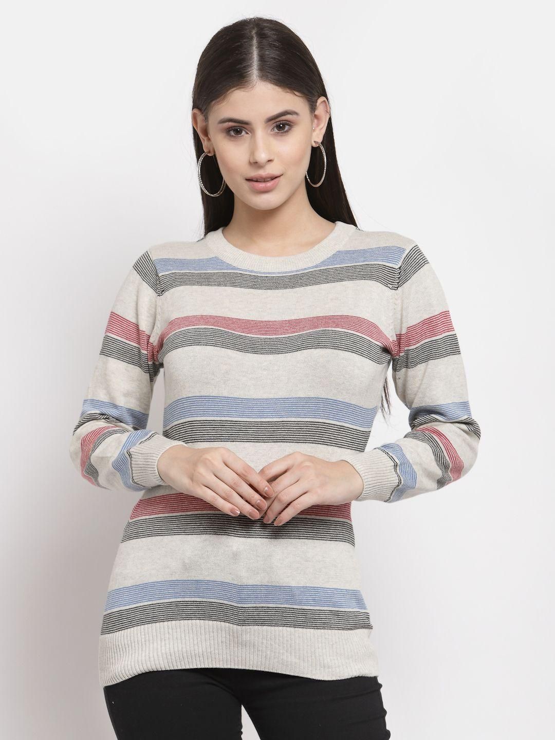 Style Quotient Women Grey & Blue Striped Pullover Sweater