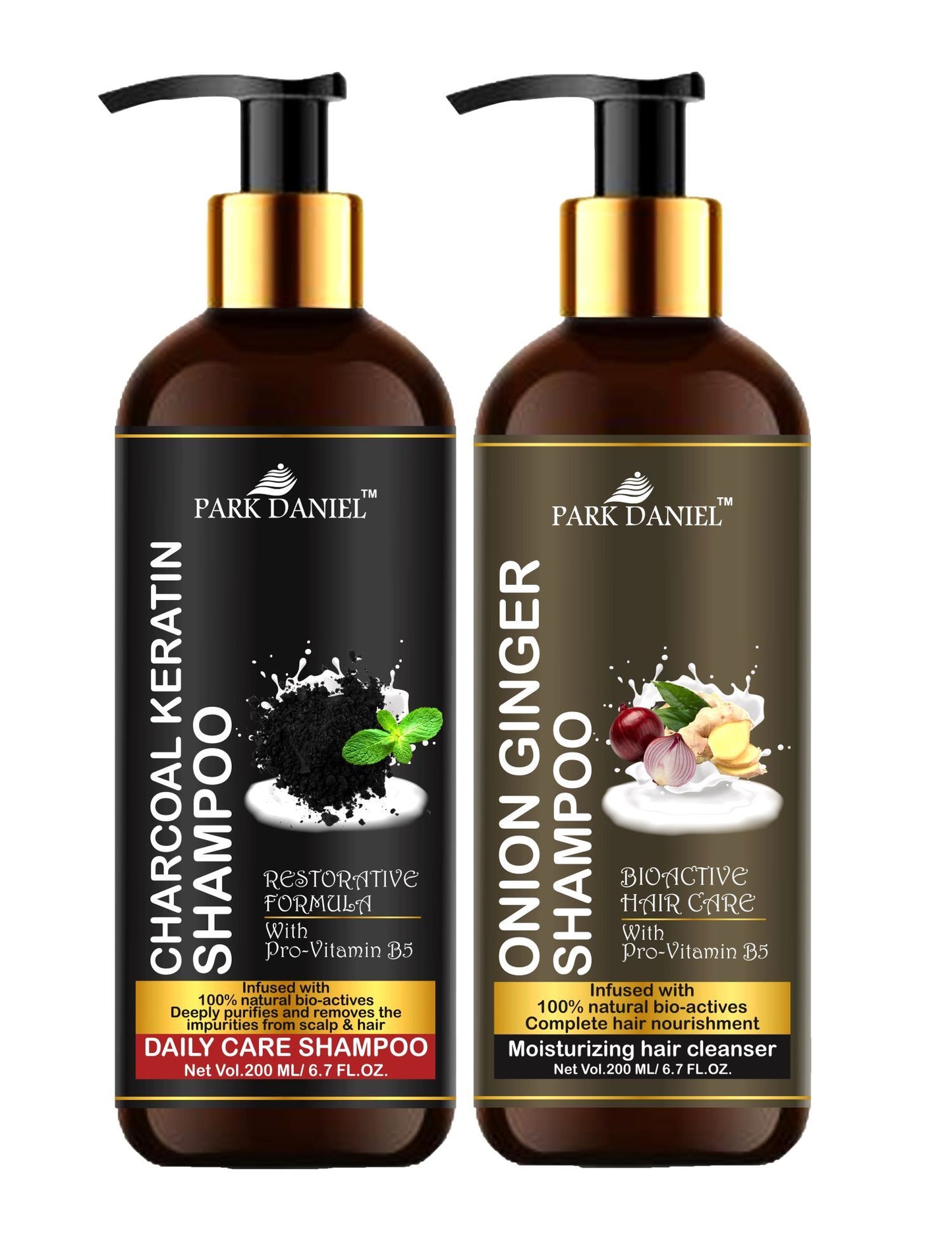 Park Daniel Premium Pure and Natural Charcoal Keratin Shampoo & Onion Ginger Shampoo Combo Pack Of 2 bottle of 200 ml(400 ml)
