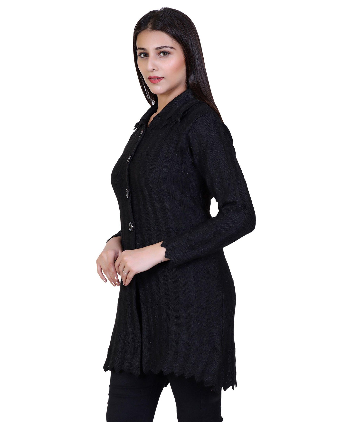 Women's Woolen Woven Front Open Buttoned Cardigan
