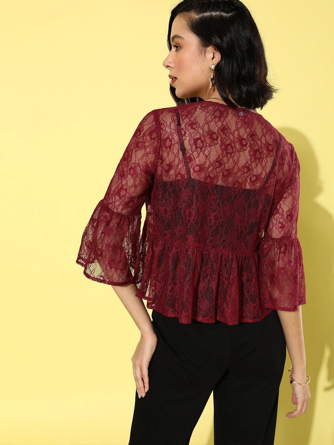 Style Quotient Women Maroon Self Design Shrug