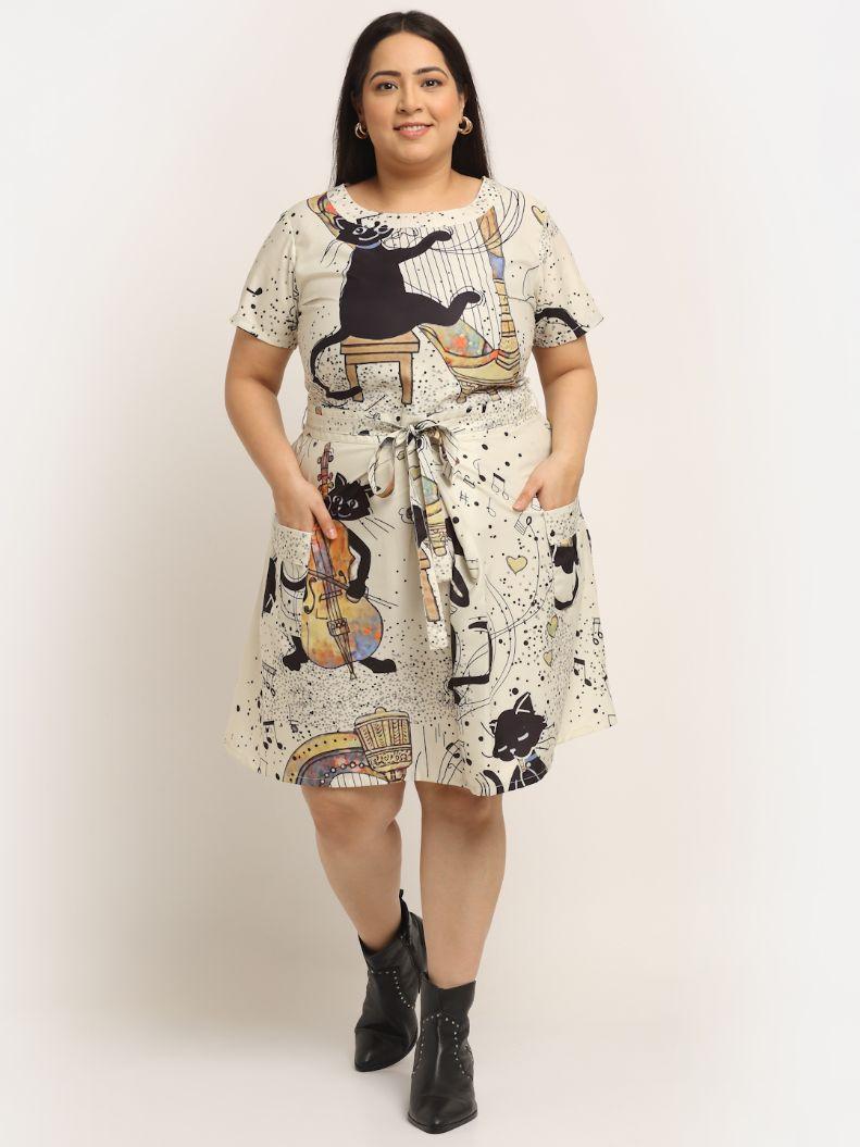 Women's Plus Size Crepe Printed Round Neck Short Dress