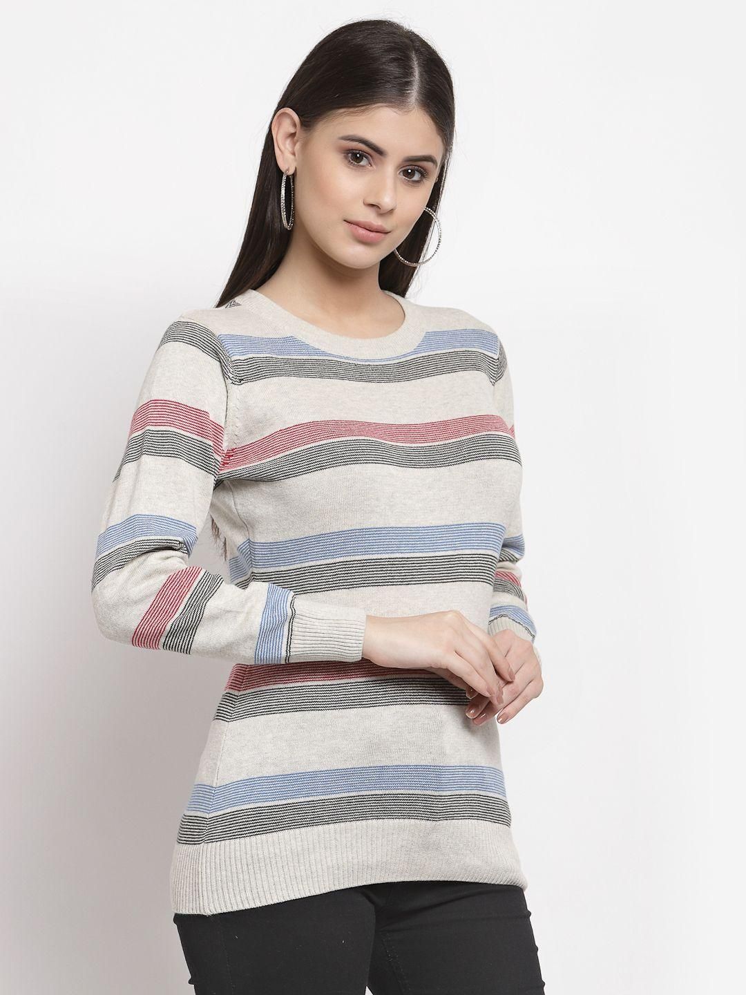 Style Quotient Women Grey & Blue Striped Pullover Sweater