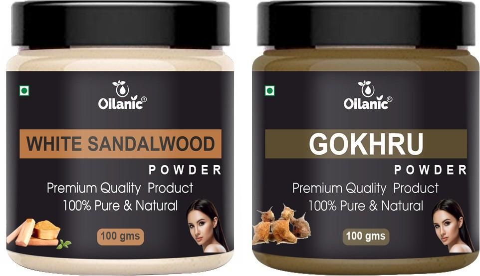 Oilanic Pure & Natural White Sandalwood & Gokhru Powder- For Skin & Hair Combo Pack of 2 Jar 100gm (200gm)