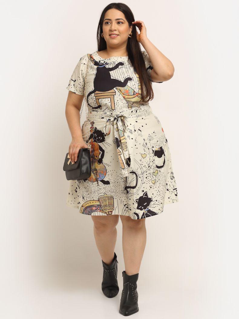 Women's Plus Size Crepe Printed Round Neck Short Dress