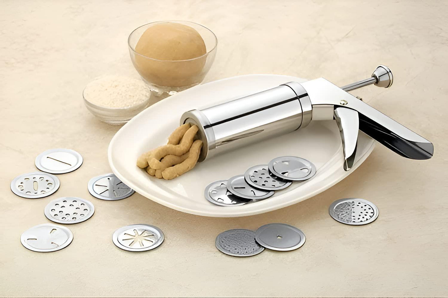 iPretty Stainless Steel Kitchen Press with 15 Different Types of Jalies, Murukku Maker/Bhujiya Maker/Cookies/Namkeen/Noodles/Chakali Maker/Sev Maker/Farsan Maker/Gathiya Maker