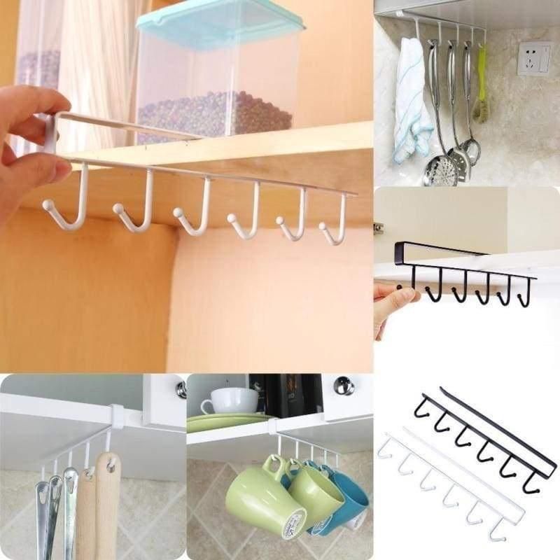 iPretty Hook Organizer-Under Shelf 6 Hook Metal Storage Organizer for Kitchen, Bathroom, Office Buy 1 Get 1