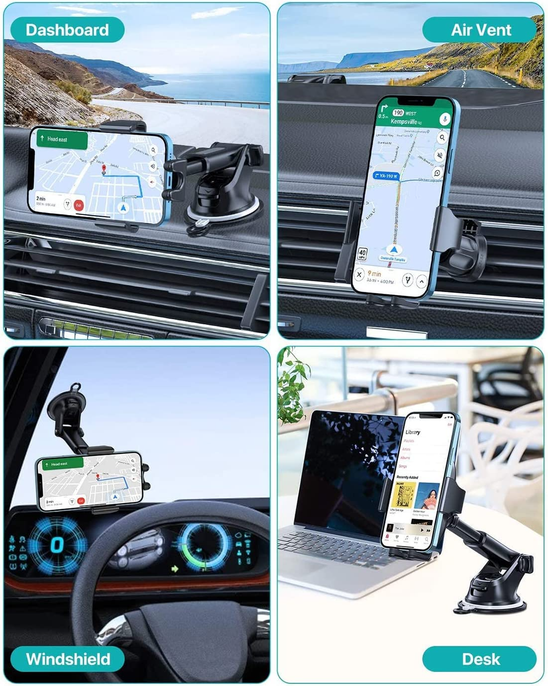 iPretty Car Mobile Stand Holder Mount with 360 Degree Flexible Neck Fit for Universal Car Windshield Dashboard Use Size 4-11" inch - (Black)