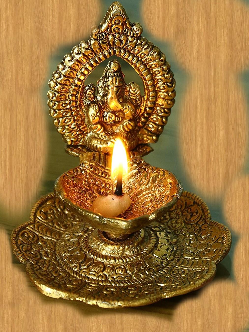 Oxide Metal Decorative Unique Handicraft Ganesh Idol Showpiece with Oil Lamp Diya (Pack of 2)